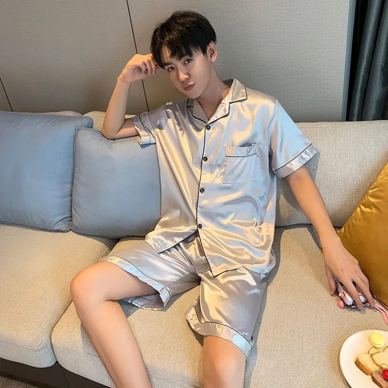 Advanced Champagne Ice Silk Pajamas Men's Summer Thin Cardigan Short Sleeve Shorts Youth Homewear Suit Artificial Silk