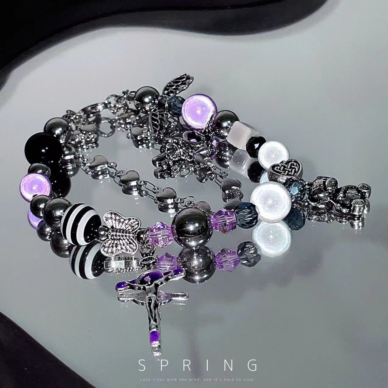 超仙甜美双层十字架小熊梦幻紫水晶手夜光珠链女设计小众暗黑手饰