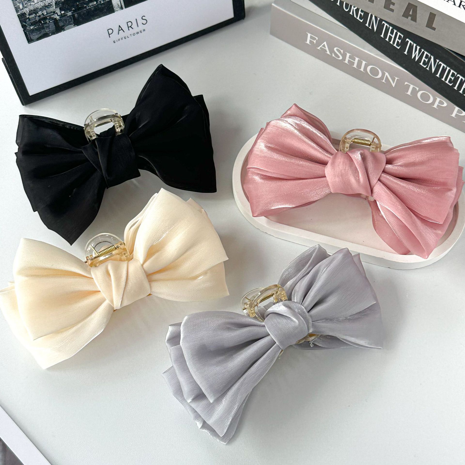 网纱大号蝴蝶结发夹后脑勺盘发抓夹优雅大号鲨鱼夹子发卡头饰跨境