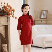 女童中袖旗袍春秋夏季复古中式红色短款蕾丝连衣裙儿童洋气演出汎