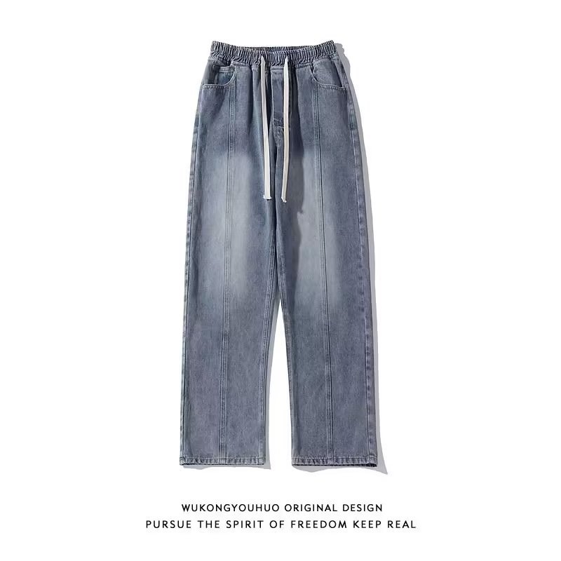 Straight Jeans Men's Summer New Patchwork Washed Vintage Blue Hemp Rope Mop Trousers