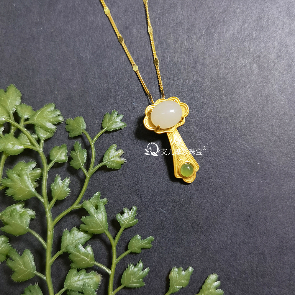 艾儿摩莎珠宝复古国风s925镀金镶玉如意吊坠项链直播款批发货源