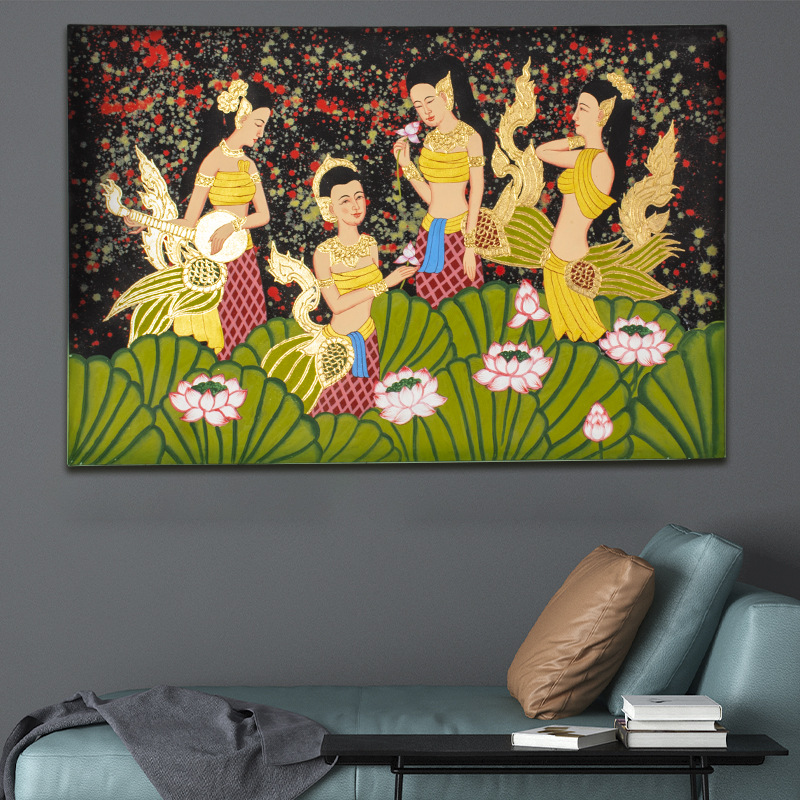 东南亚手绘人物壁画 泰式荷花装饰壁挂沙发背景墙画spa按摩店壁饰