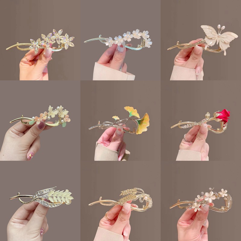 Factory Direct Sales Antique Pearl Flower Banana Clip High-Grade Metal Butterfly Barrettes Internet Celebrity Palette Hair