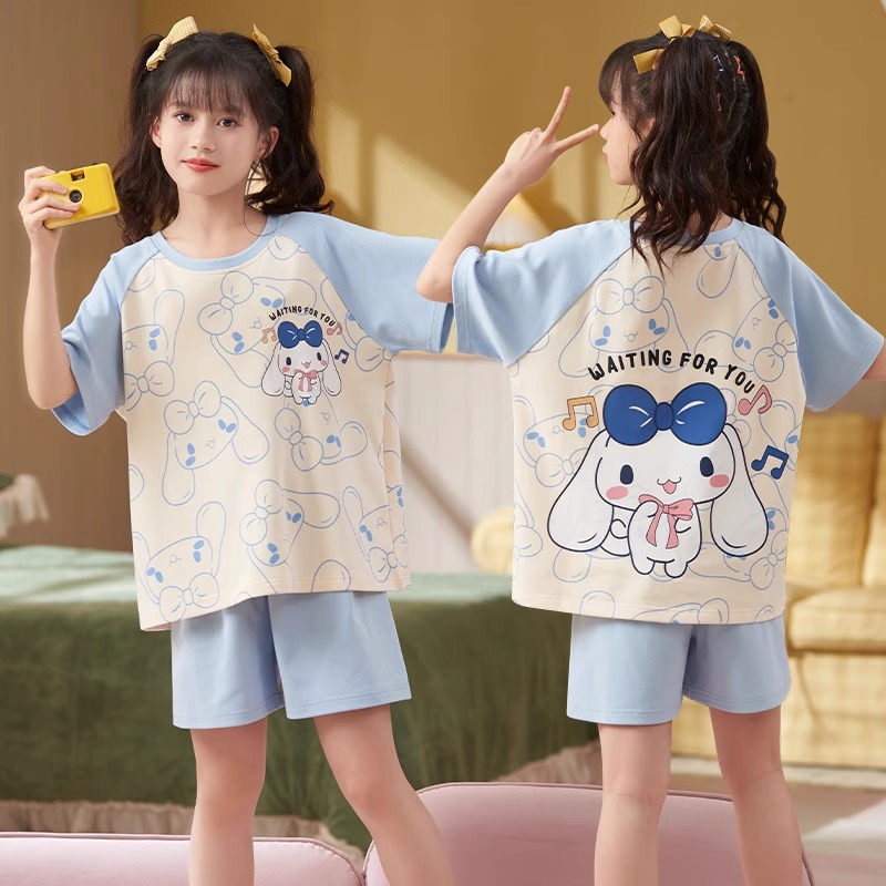 Girls' Pajamas Summer Cotton Short Sleeve Thin 2024 New Children Girls' Summer Medium and Large Children's Set Homewear