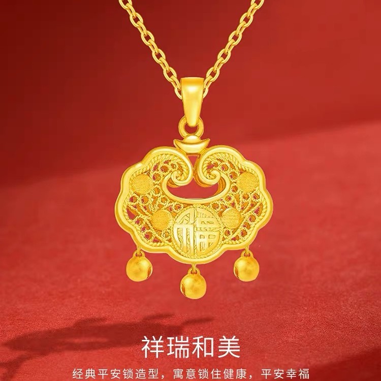 s925纯银轻奢镂空长命锁吊坠国潮设计高级感平安锁骨链银首饰货源