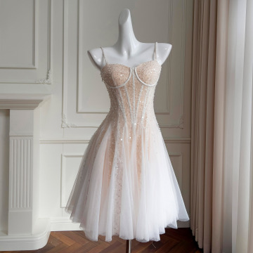 时尚气质吊带款优雅网纱绣亮片连衣裙女聚会生日可穿小礼服68501