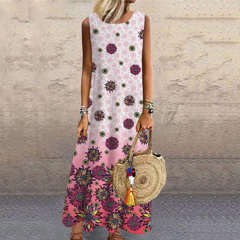 跨境2021春夏季马克西长款连衣裙彩色女式换挡圆领休闲度假无袖裙