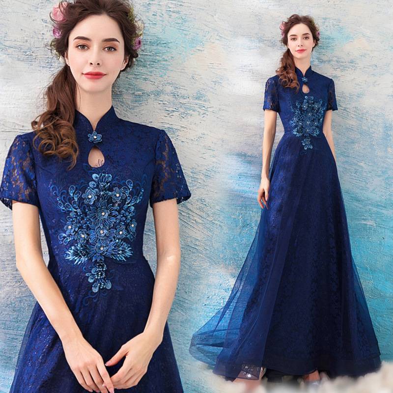 天使嫁衣蓝色中式中国风宴会年会演出主持人婚纱晚礼服裙批发 716