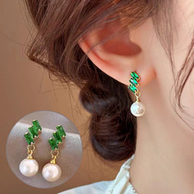 高级感祖母绿菱形水晶珍珠耳钉耳环轻奢时尚精致百搭耳饰