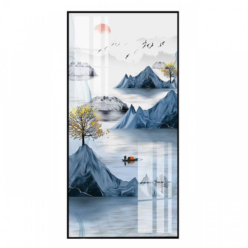 新中式山水画入户玄关装饰画走廊墙壁画竖版挂画玄幻晶瓷过道客厅