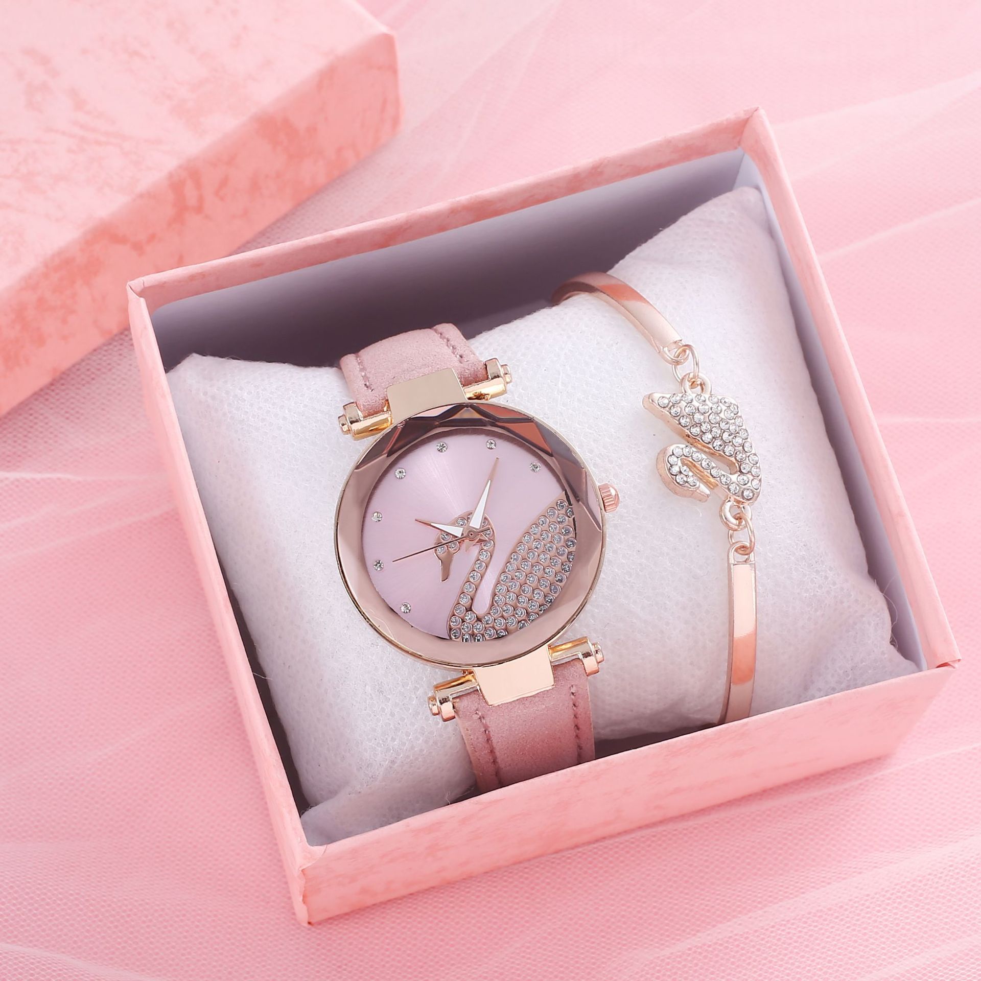 ladyswatch外贸磨砂皮表带天鹅手表一只鹅时尚钻面手链套装女表