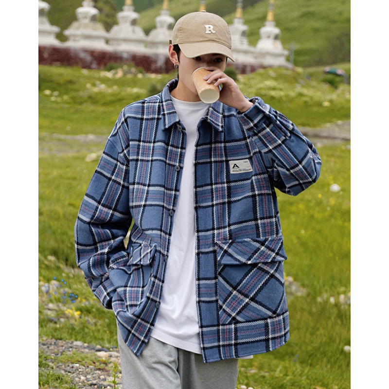 格子衬衫男士长袖春秋季休闲潮牌少年感外套工装情侣衬衣男生衣服