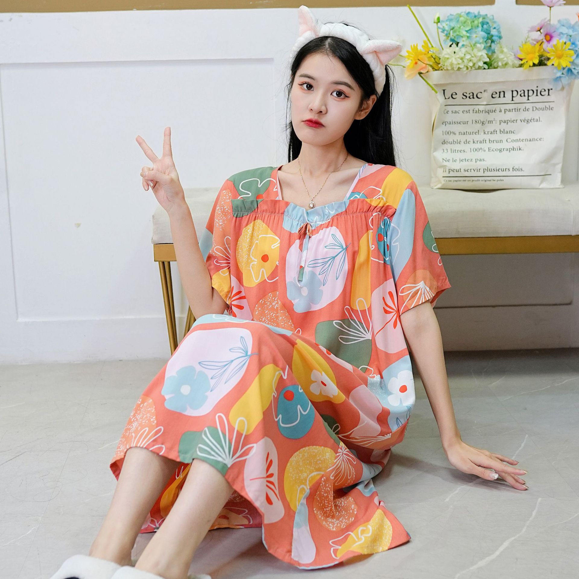 Artificial Cotton Nightdress Women's Summer New Sweet Cute Thin Home Wear Short Sleeve Large Size Can Be Worn outside U-Shaped Collar Dress