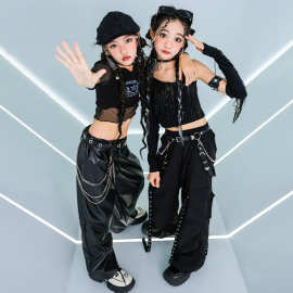 少儿爵士舞服装吊带网纱长袖露脐套装女童走秀舞蹈服街舞演出服女