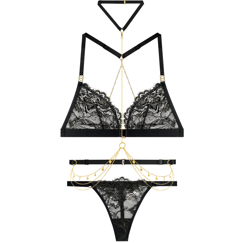 纯欲蕾丝镂空透视法式前扣美背三角杯内衣女无钢圈性感套装73052