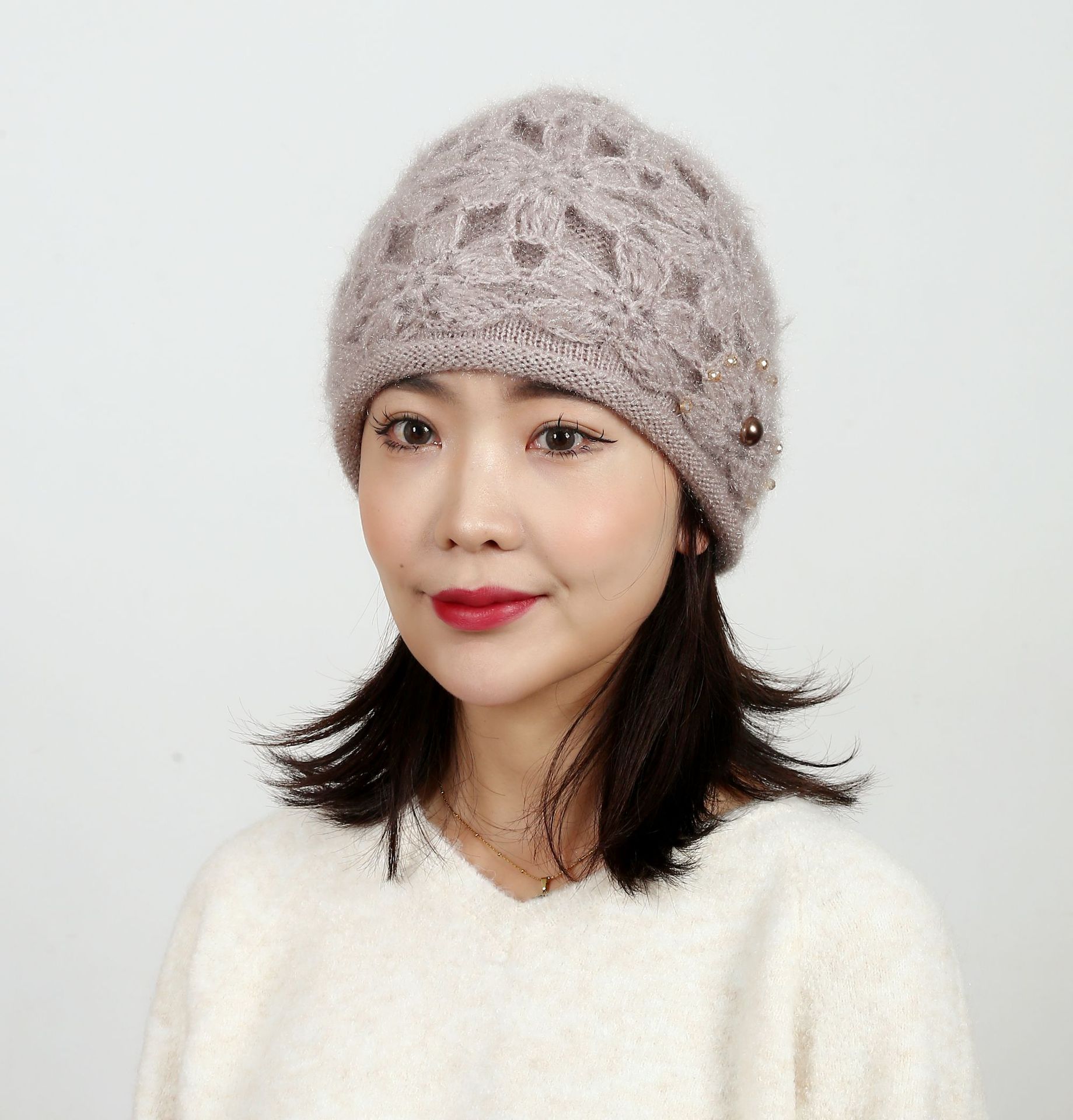 手钩女士针织帽子花朵气质冬季双层加厚包头帽堆堆帽中老年卷边帽