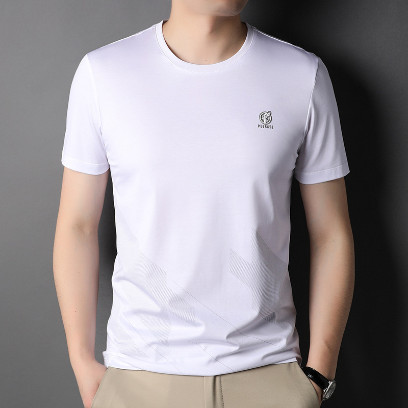 时尚休闲白色短袖t恤中年男士夏季新款男装上衣桑蚕丝弹力圆领衫