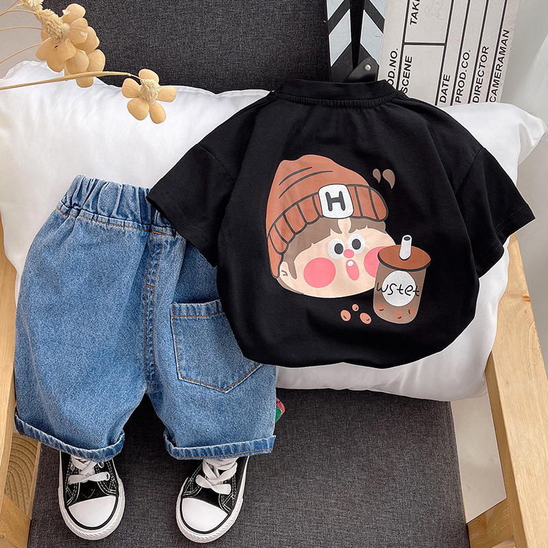 Milk Tea Little Brother Clothes for Boys Girls' Summer Suits 2024 New Summer Clothes Western Style Children's Short Sleeve Korean Style