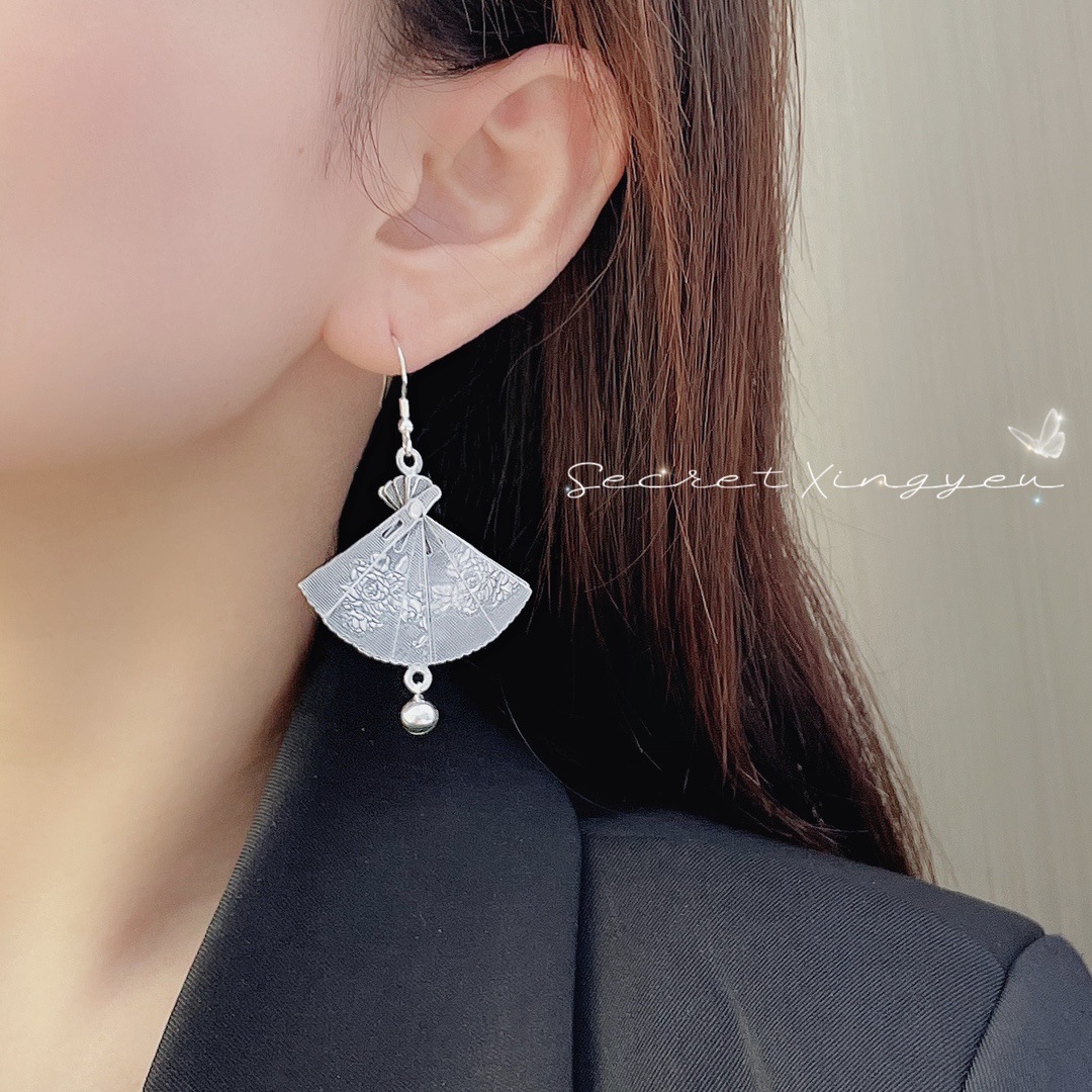 小裙子扇形耳环女长款气质圆脸显瘦耳饰网红国风复古 百搭款-阿里巴巴