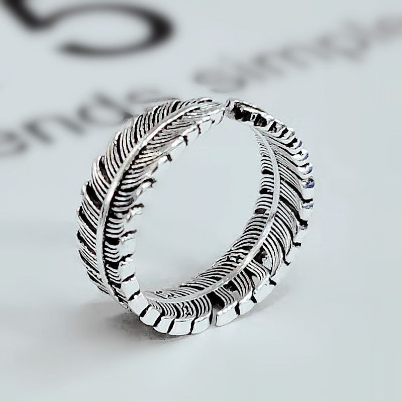 开口戒指女士韩版个性复古镶钻羽毛戒指创意做旧泰银指环一件代发