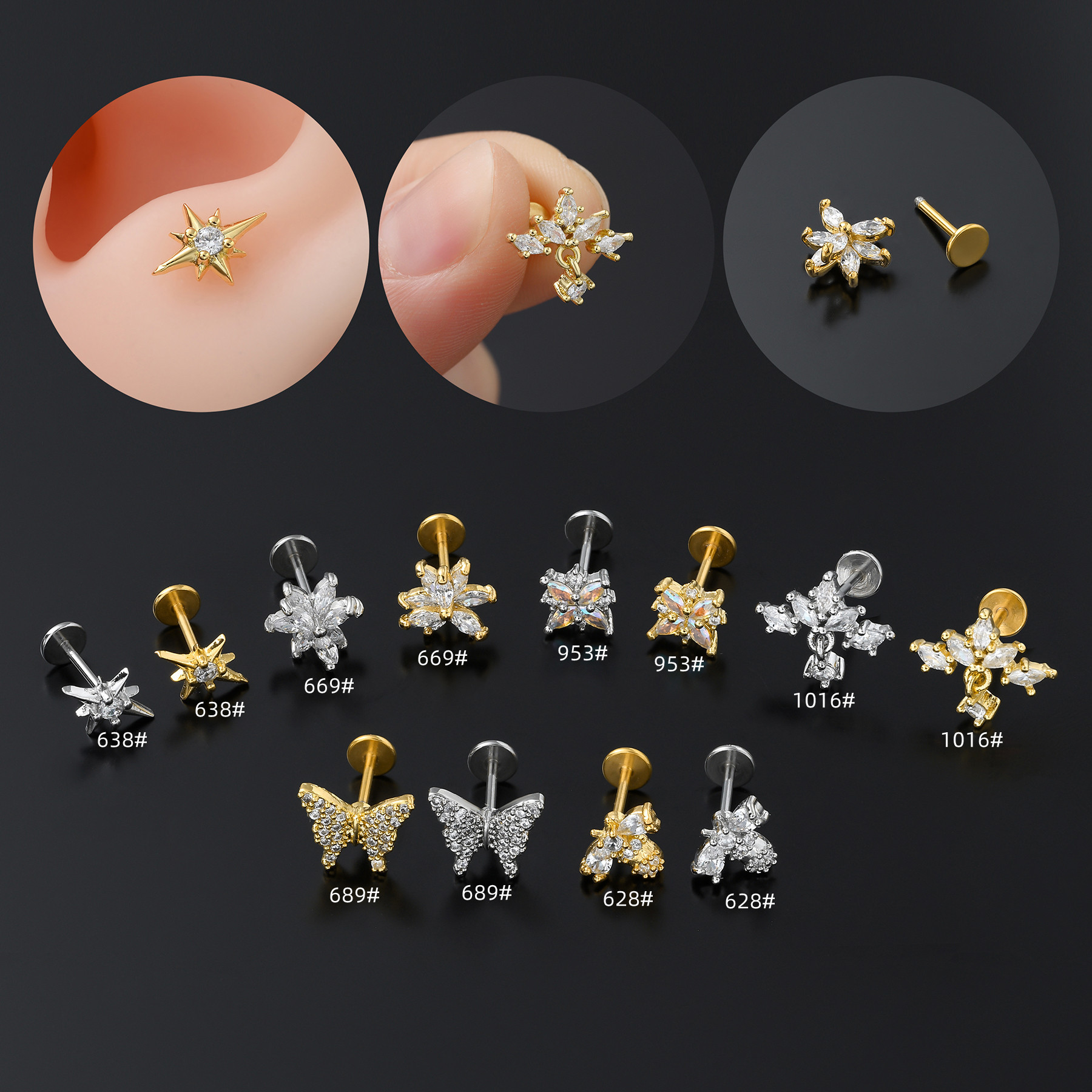 european and american fashion stainless steel fine rod lip nail female micro inlaid zircon small animal flat bottom ear bone nail simple piercing jewelry