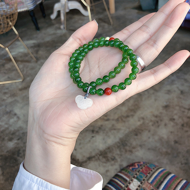 俄罗斯天然菠菜绿碧玉手串搭配南红白玉祥云小滴溜男女款单圈手链
