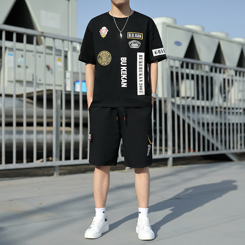 网红爆款tz2033男士印花夏装休闲ins潮版工装t恤套装潮流时尚款炸