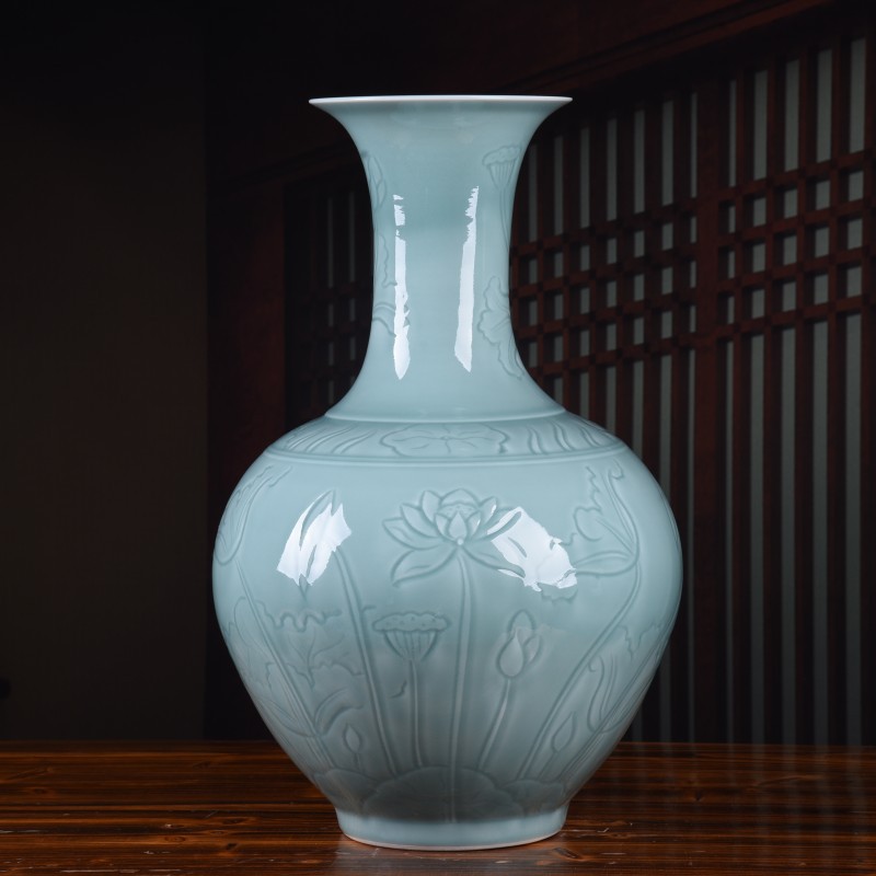 景德镇中式陶瓷器花瓶青釉手工花瓶 荷花落地装饰客厅工艺品摆件