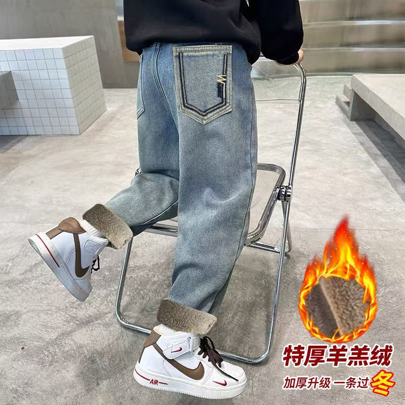 男童加绒裤子一体绒牛仔裤中大童秋冬季加厚儿童棉裤保暖裤潮童装