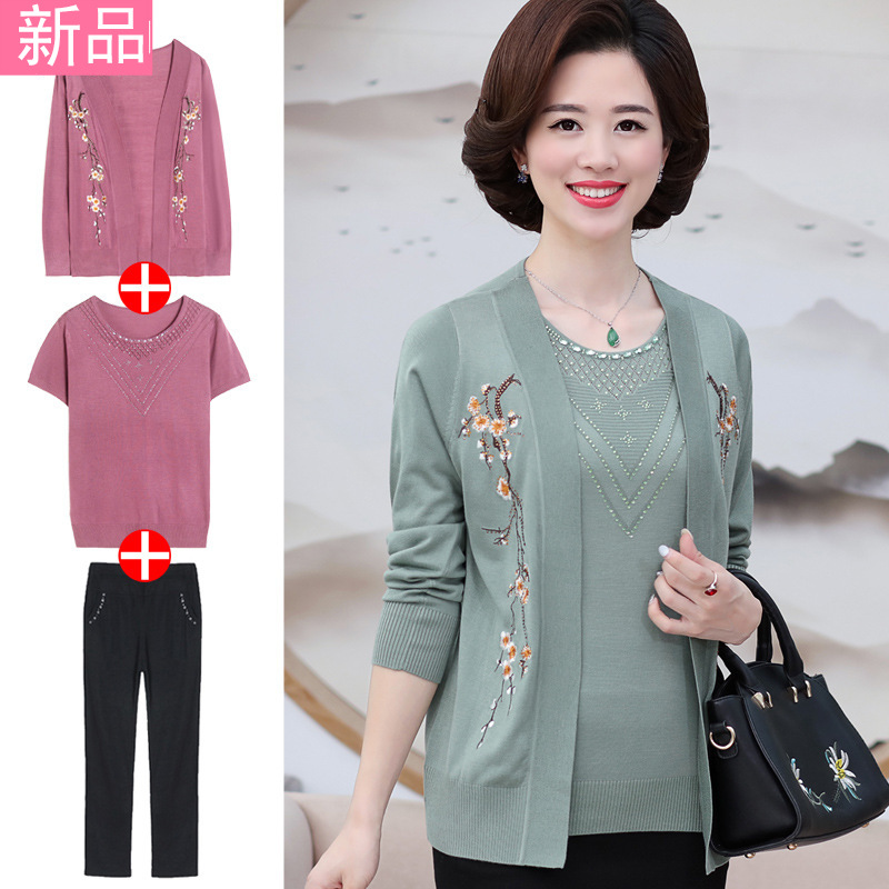 Middle-Aged Women's Summer Outer Coat Suit Mom Clothes 2024 New Spring Clothes Middle-Aged and Elderly Western Style Top Two-Piece Set Mother's Day