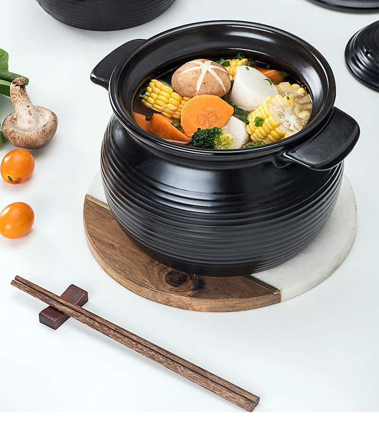 厂家批发潮州 双耳螺纹汤锅 复古 陶瓷锅 黑色炖锅 煲粥 明火不裂