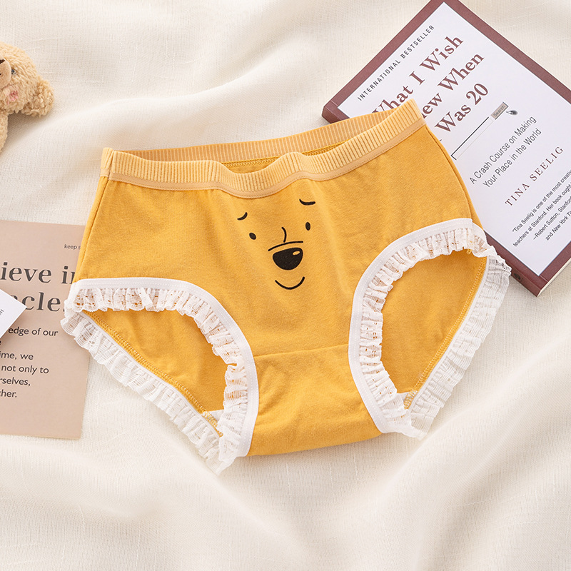 Cute Cartoon Bear Printed Underwear Cotton Crotch Lace Edge Seamless Japanese Elastic Mid-Waist Women's Briefs