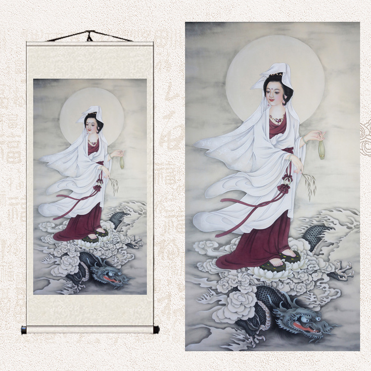 踏龙观音佛像家用供奉挂画龙头观音画像骑龙乘龙观世音菩萨装饰画