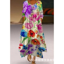 跨境亚马逊eBay欧美女士新款连衣裙植物花卉印花休闲长袖女装