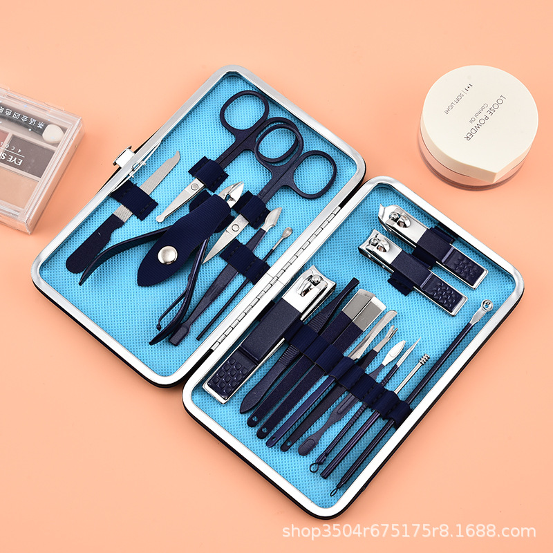 新款蓝色不锈钢指甲刀16件美甲套装指甲钳修甲刀美甲工具包-阿里巴巴