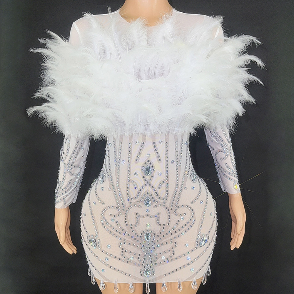新款网纱羽毛边性感包臀连衣裙水钻珍珠夜店蓬蓬裙晚会表演迷你裙