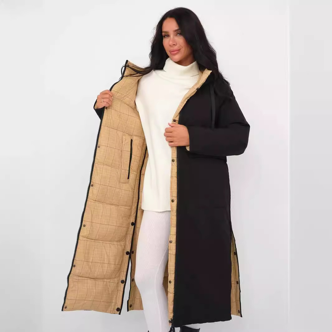 ozon亚马逊外贸跨境长款冬季厚棉服女士连帽纯色棉衣双面穿羽绒服