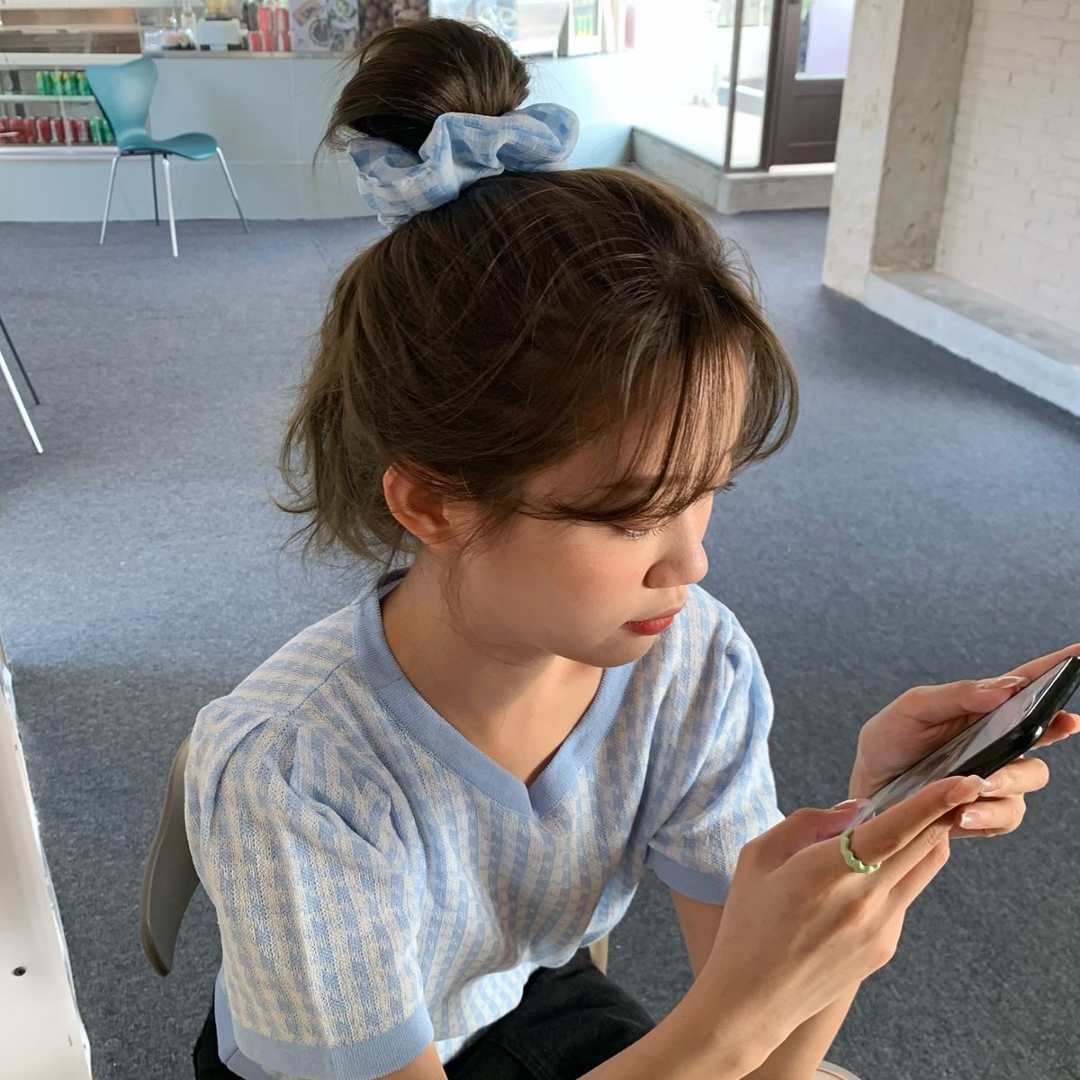 奶蓝色大肠发圈皮筋女扎头成人碎花格子肥肠圈头绳夏天丸子头发饰