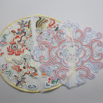 国潮刺绣对开圆形布贴汉服民族风图案绣片新中式贴花绣花补丁装饰