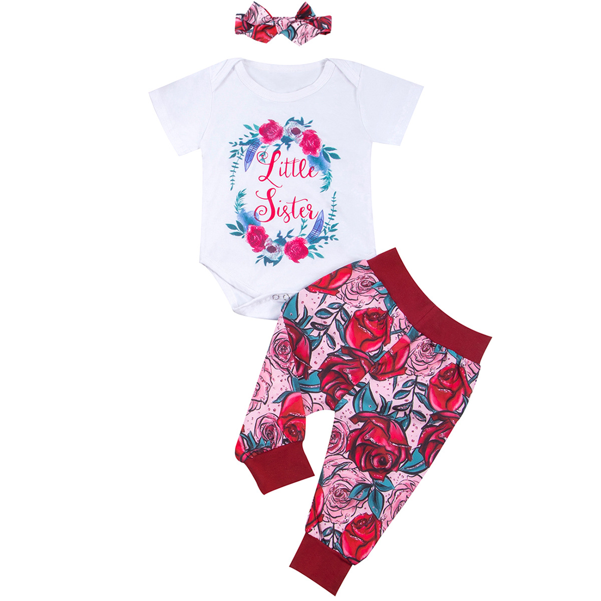 2021新款女宝宝童装哈衣款女婴玫瑰花印花姐妹款婴幼童短袖三件套
