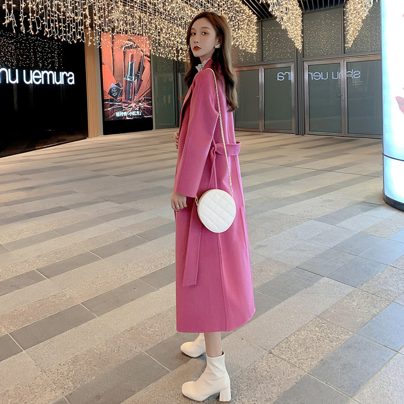 粉色双面羊绒大衣女中长款过膝21新款冬宽松小个羊毛呢子外套