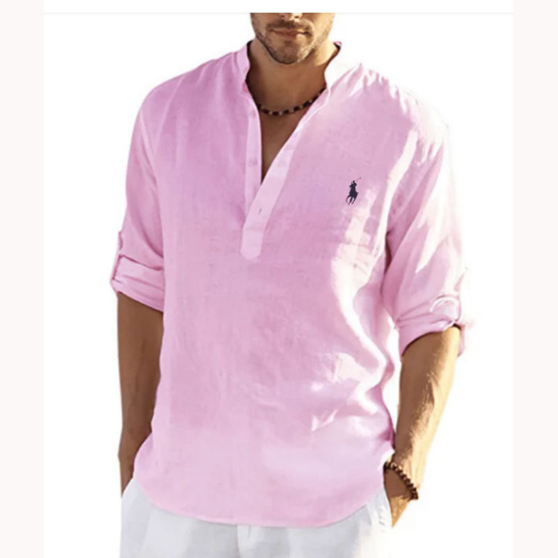 Exclusive for Cross-Border Long Linen Sleeves Embroidered Stand Collar Men's Polo Shirt plus Size