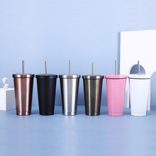新款创意不锈钢大容量吸管杯真空咖啡杯休闲水杯保温杯可定logo