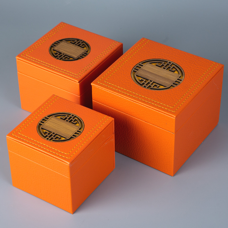 建盏主人杯单杯橙色包装盒皮质礼物盒高档陶瓷紫砂茶壶空盒子