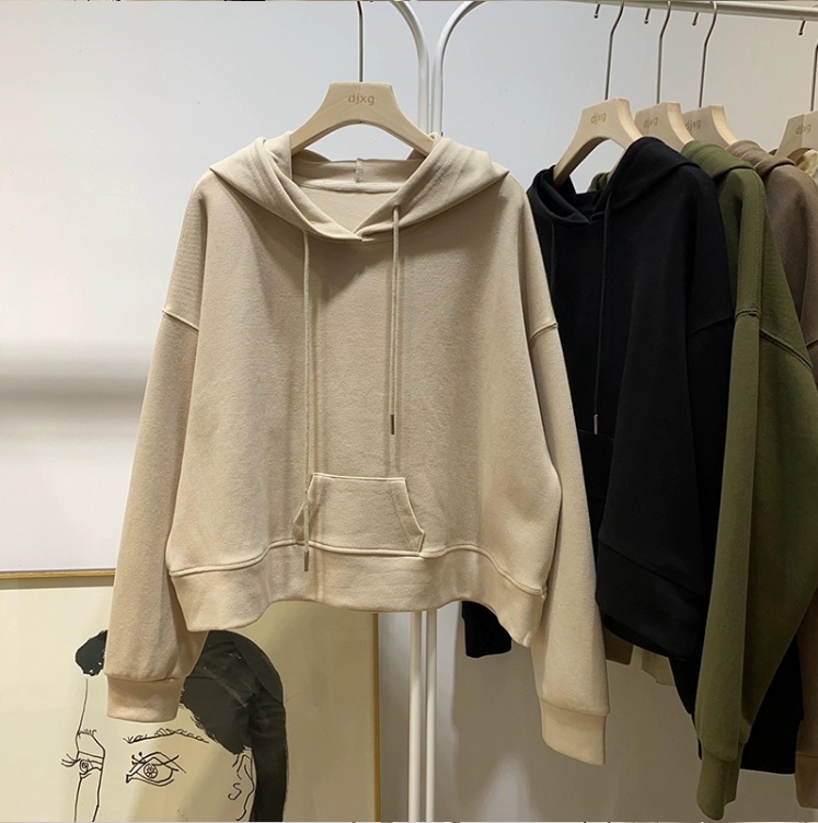 个性设计感双袋鼠兜连帽塌肩长袖套头卫衣女2023韩版时尚休闲上衣