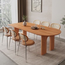 北欧侘寂风实木餐桌岛台半圆现代洽淡桌子简约家用椭圆形靠墙饭-