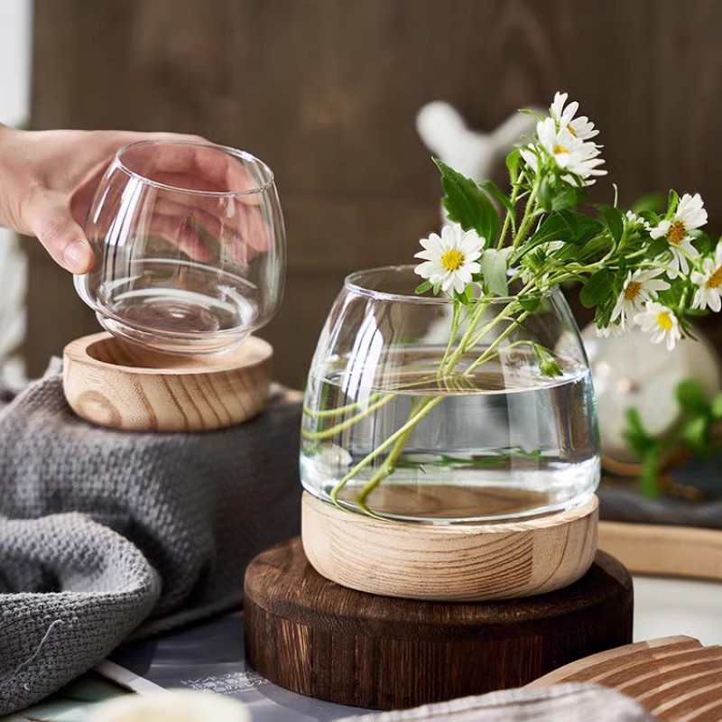 简约日式木托透明玻璃小号鱼缸水培植物生态迷你花瓶桌面插花摆件