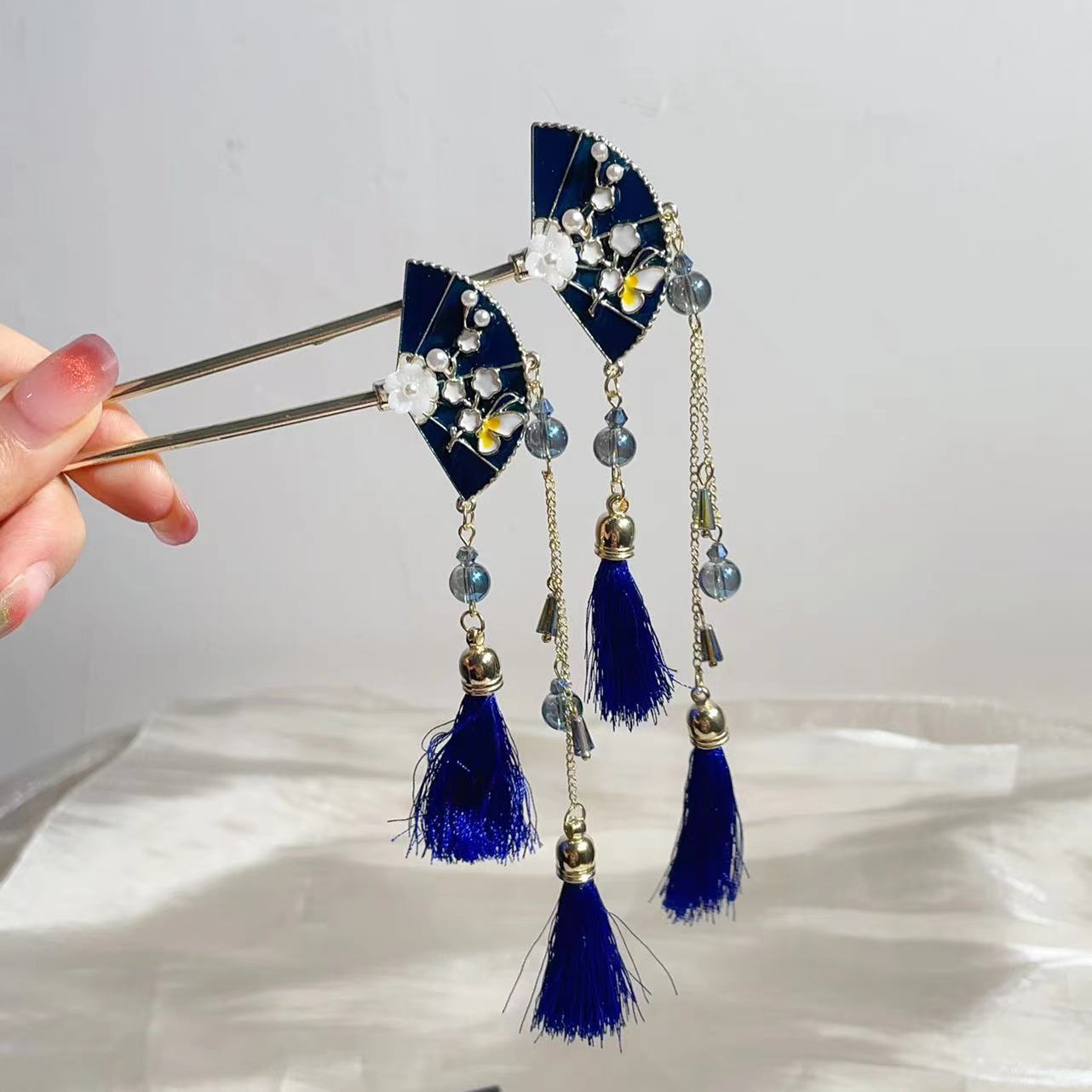 蓝色流苏汉服复古风国潮折扇形发簪子古风头饰发钗新款盘发发饰品