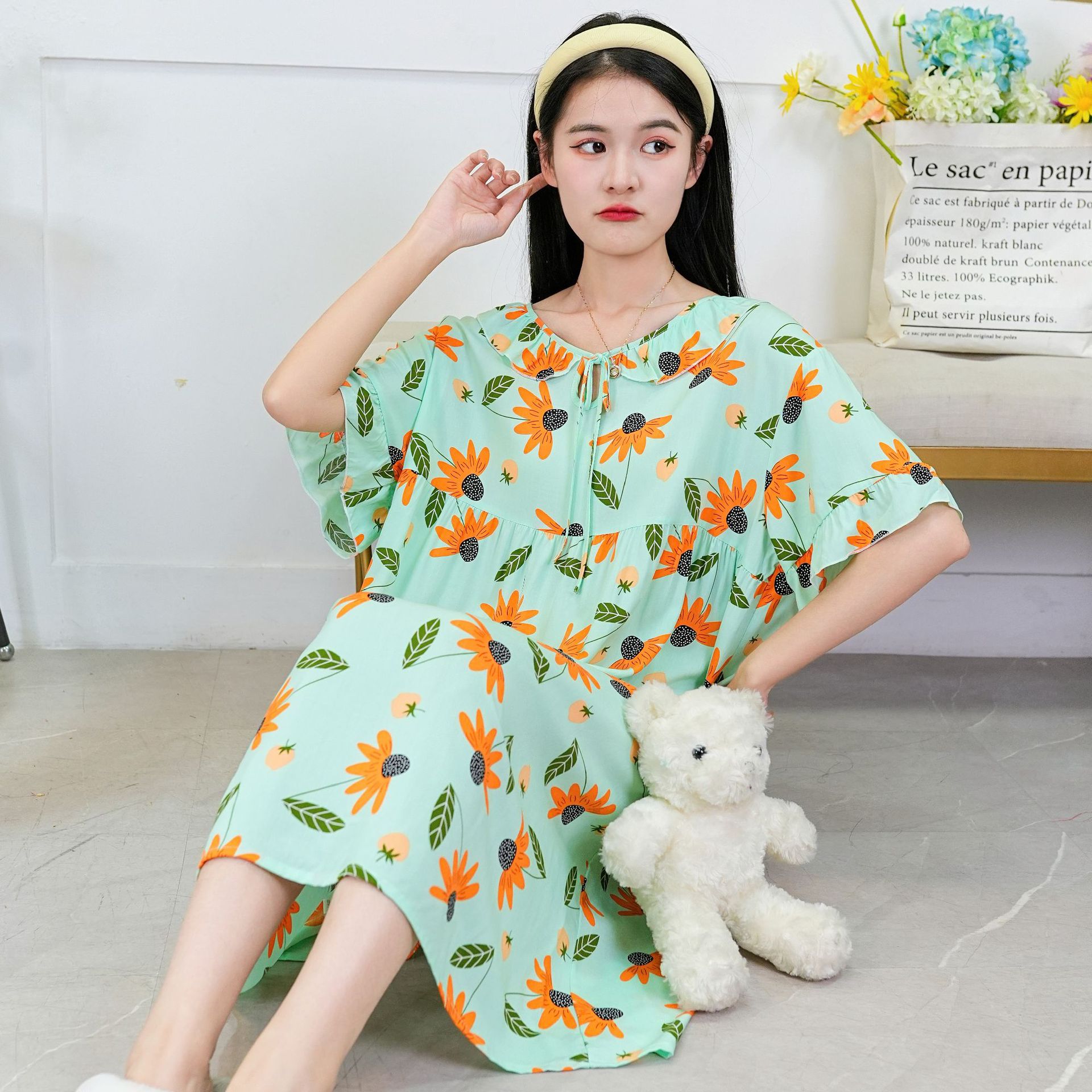 Spring Summer Cotton Silk Nightdress Women's New Sweet Cute Style Home Wear Can Be Worn outside Large Size Printed Ruffled Pajamas